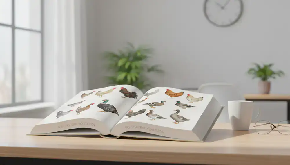 Une encyclopédie avicole ouverte reposant sur un bureau en bois propre