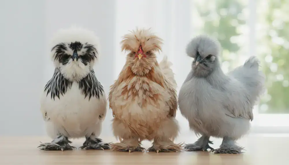Poules d'ornement duveteuses au plumage unique