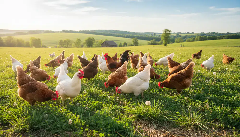 Troupeau de poules en train de paître